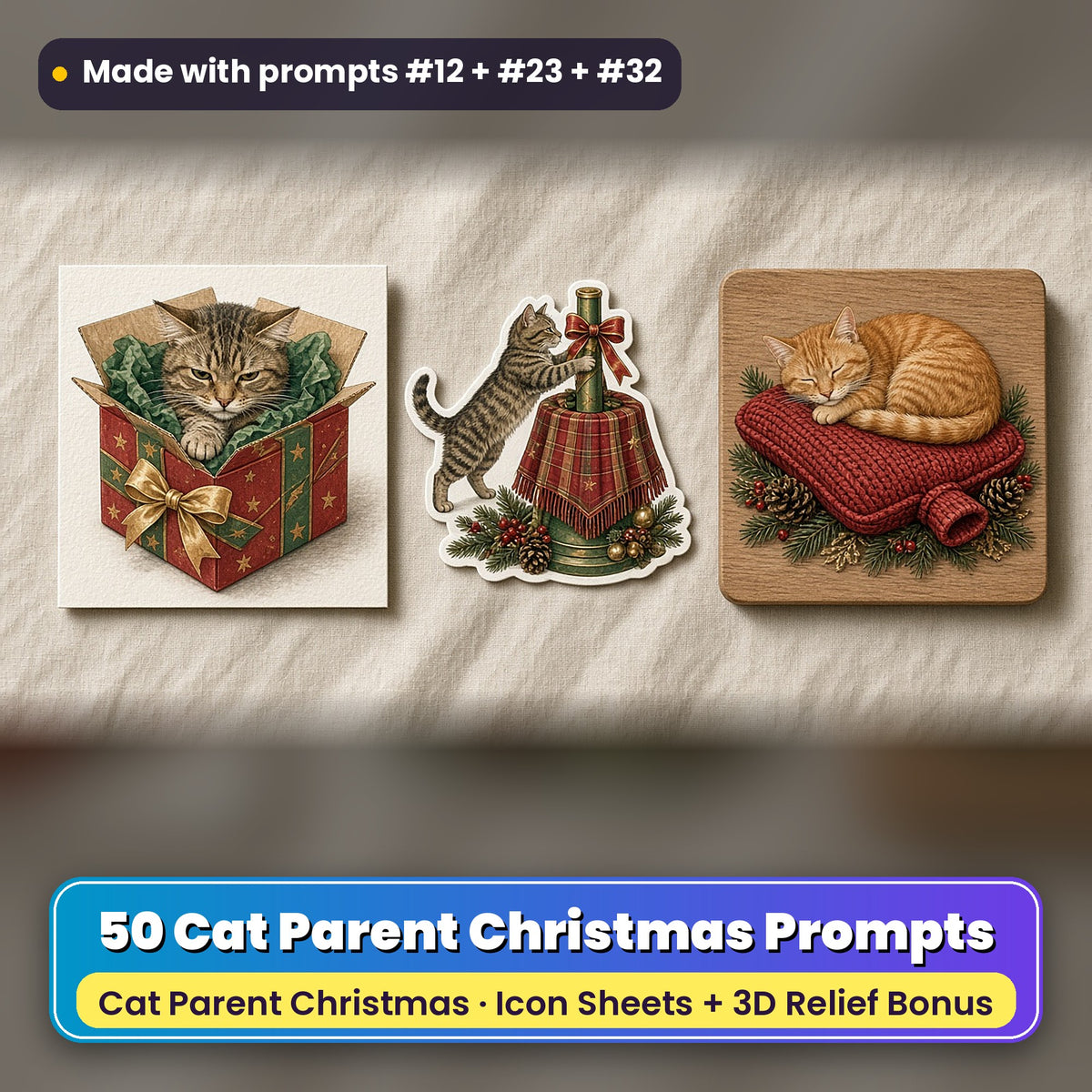Cat Parent Christmas Icon Sheet Prompts: 50 prompts + 3D Relief bonus, with a printed greeting card, sticker and wooden plaque made with prompts #12, #23 and #32