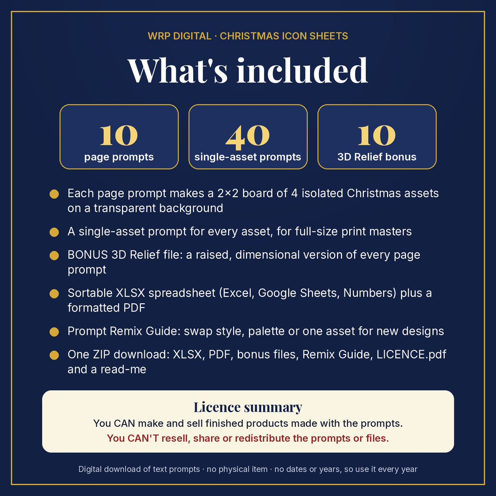 What's included: 10 page prompts, 40 single-asset prompts, 10 3D Relief bonus prompts, XLSX and PDF files, Remix Guide and licence summary