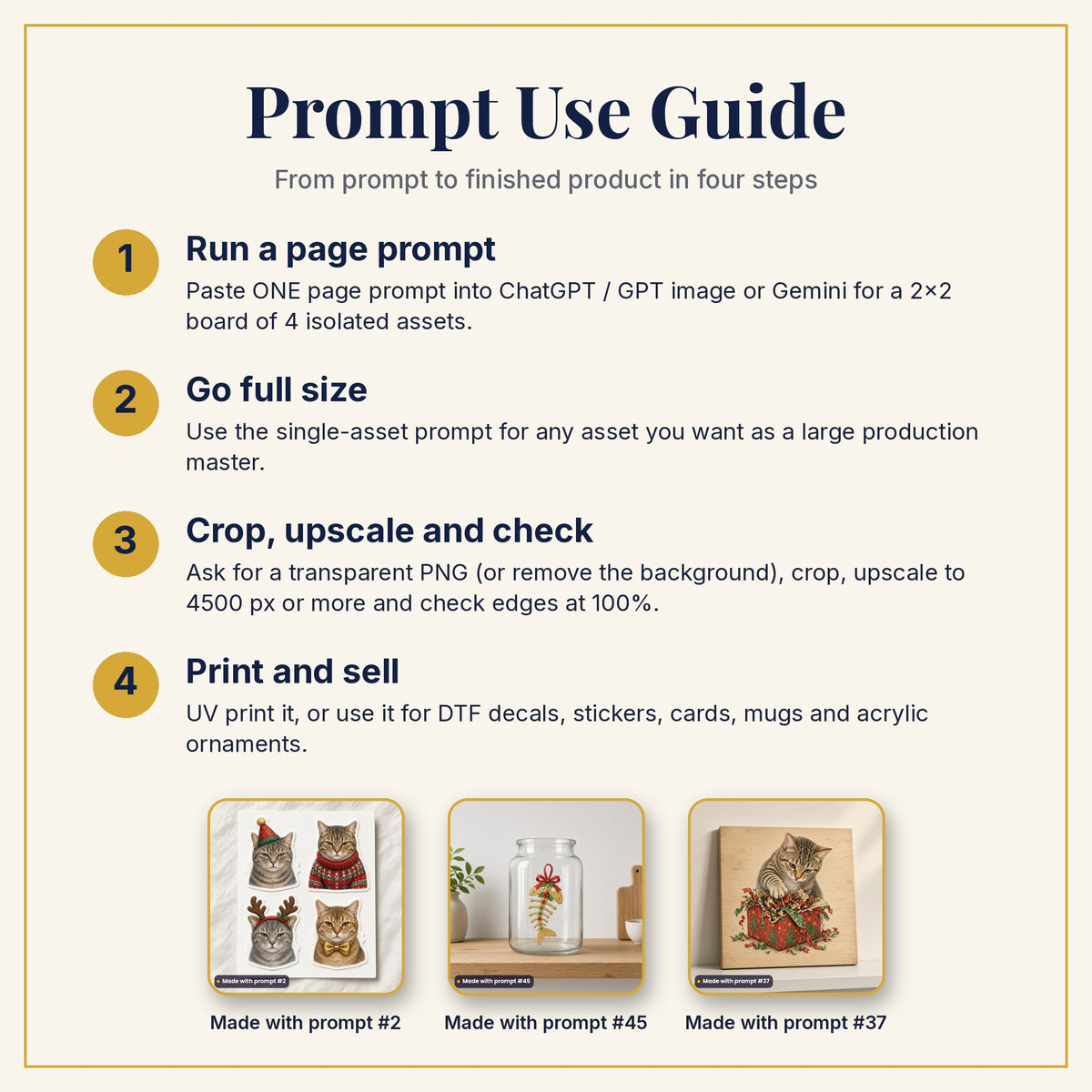 Prompt Use Guide: run a page prompt, go full size, crop and upscale, then print and sell, with products made with prompts #2, #45 and #37