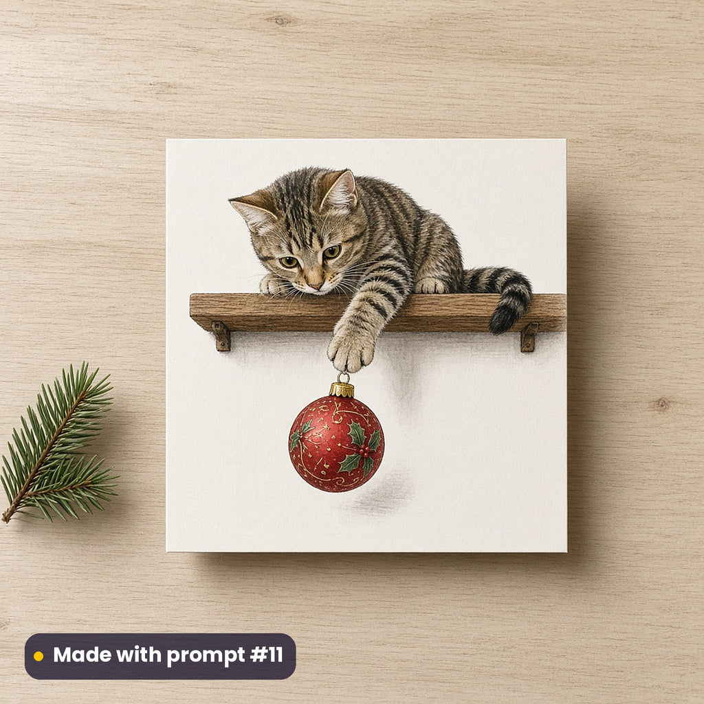 Cat Parent Christmas artwork on a flat-printed greeting card: cat knocking off a bauble, made with prompt #11 from this pack