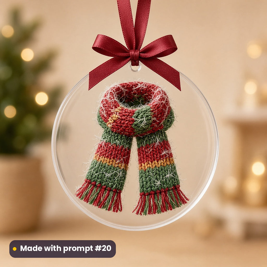 Cat Parent Christmas artwork on a UV-printed clear acrylic ornament: cat hair scarf, made with prompt #20 from this pack
