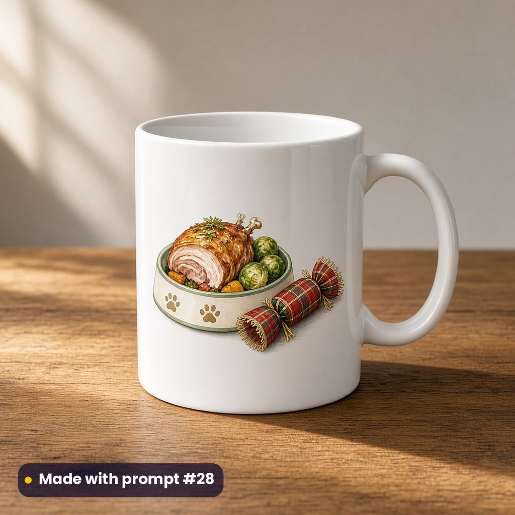 Cat Parent Christmas artwork on a UV-printed ceramic mug: cat bowl feast, made with prompt #28 from this pack
