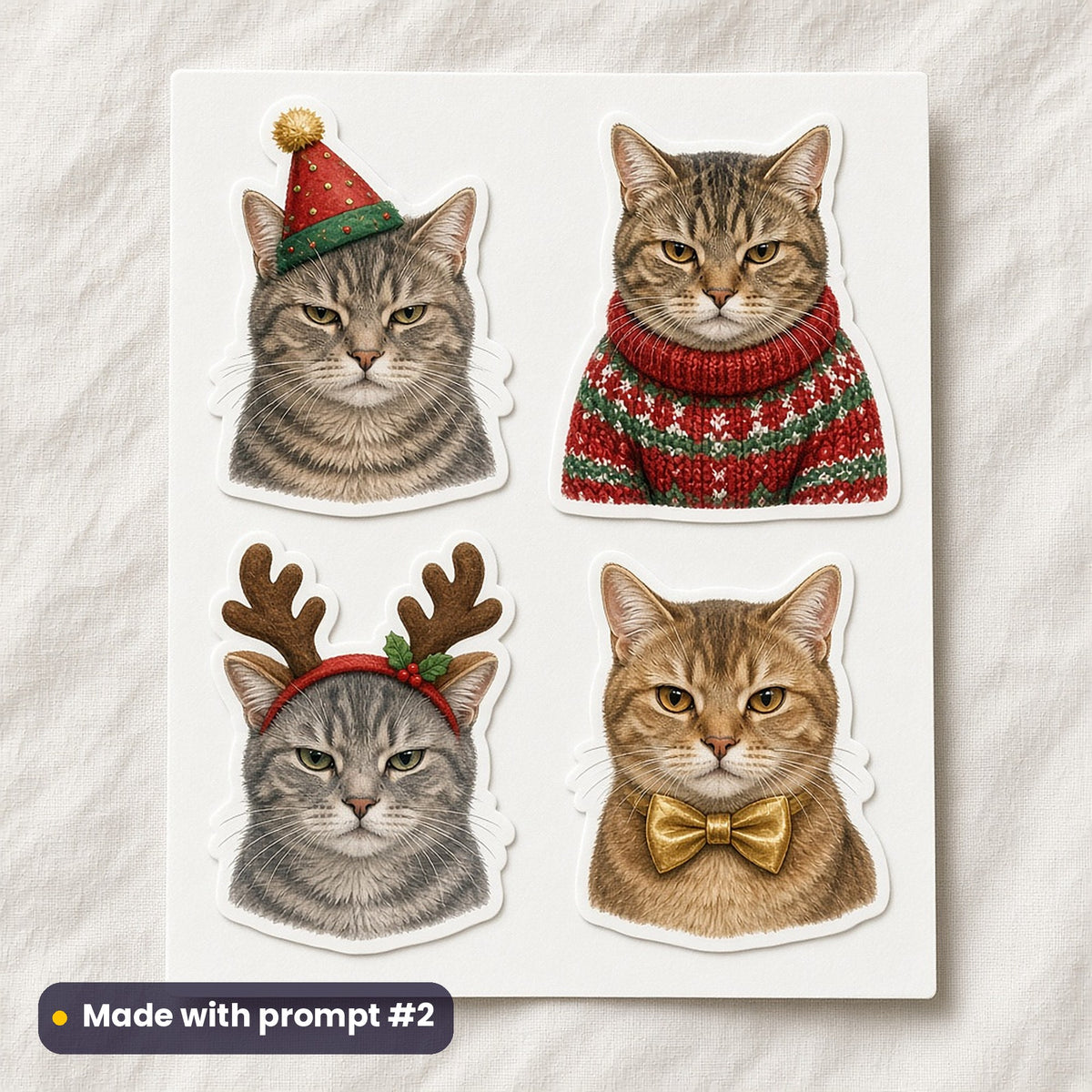 Cat Parent Christmas artwork on a die-cut vinyl sticker sheet: a sheet of four assets from page p02: unimpressed cats, made with prompt #2 from this pack