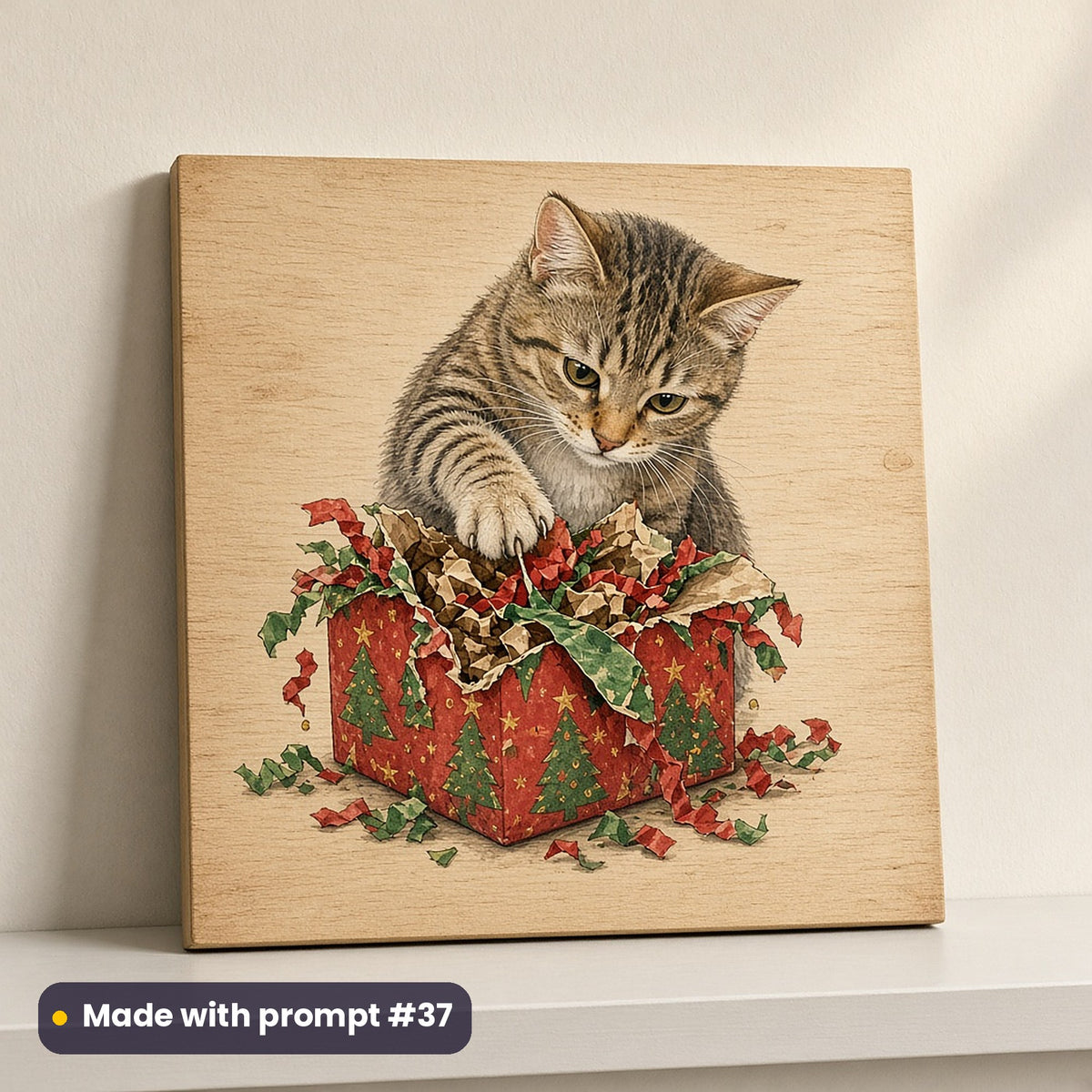 Cat Parent Christmas artwork on a UV-printed wooden plaque: cat opening a present, made with prompt #37 from this pack