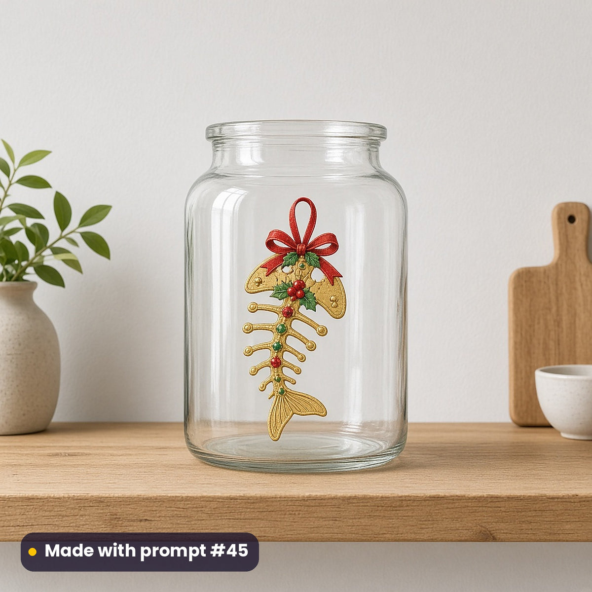 Cat Parent Christmas artwork on a UV DTF decal on a glass jar: fish bone ornament, made with prompt #45 from this pack