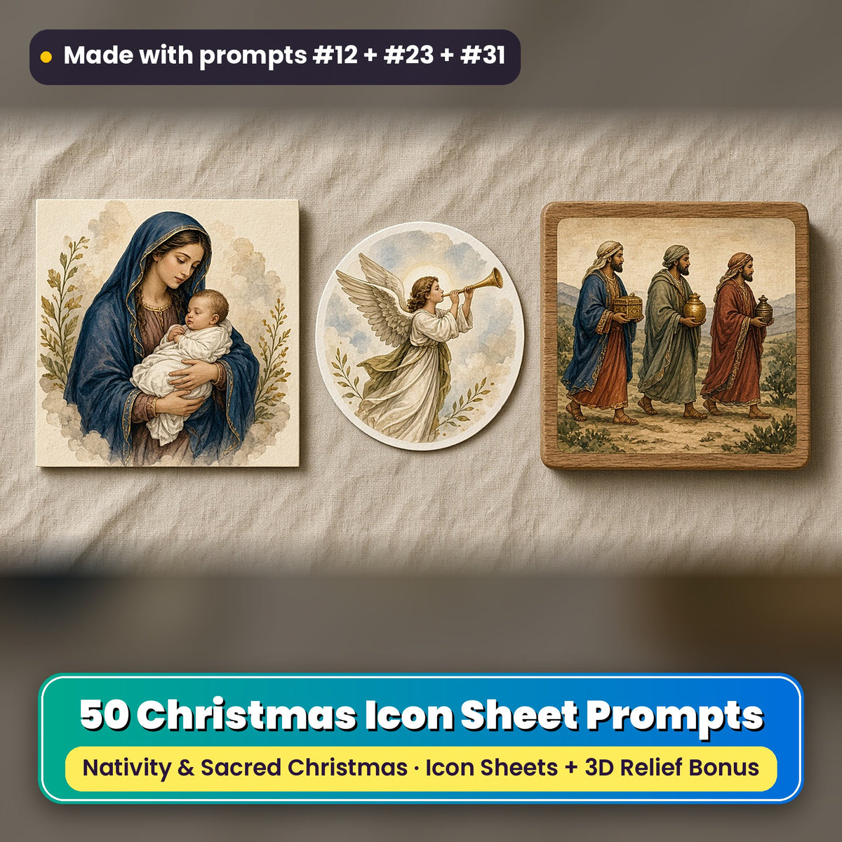 Nativity & Sacred Christmas Icon Sheet Prompts: 50 prompts + 3D Relief bonus, with a printed greeting card, sticker and wooden plaque made with prompts #12, #23 and #31