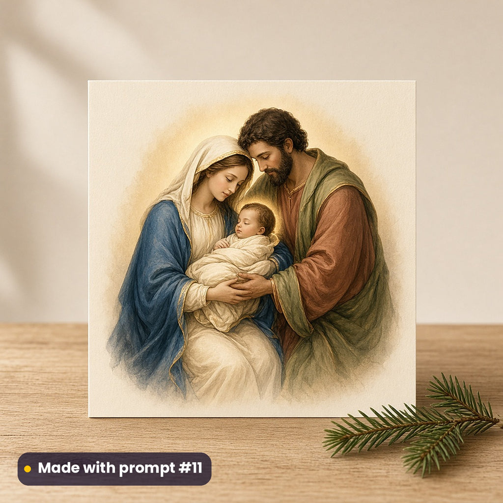 Nativity & Sacred Christmas artwork on a flat-printed greeting card: holy family, made with prompt #11 from this pack