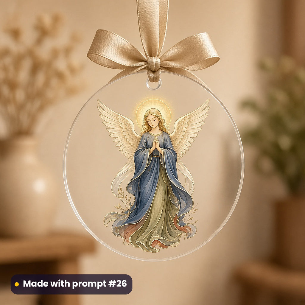 Nativity & Sacred Christmas artwork on a UV-printed clear acrylic ornament: angel ornament, made with prompt #26 from this pack