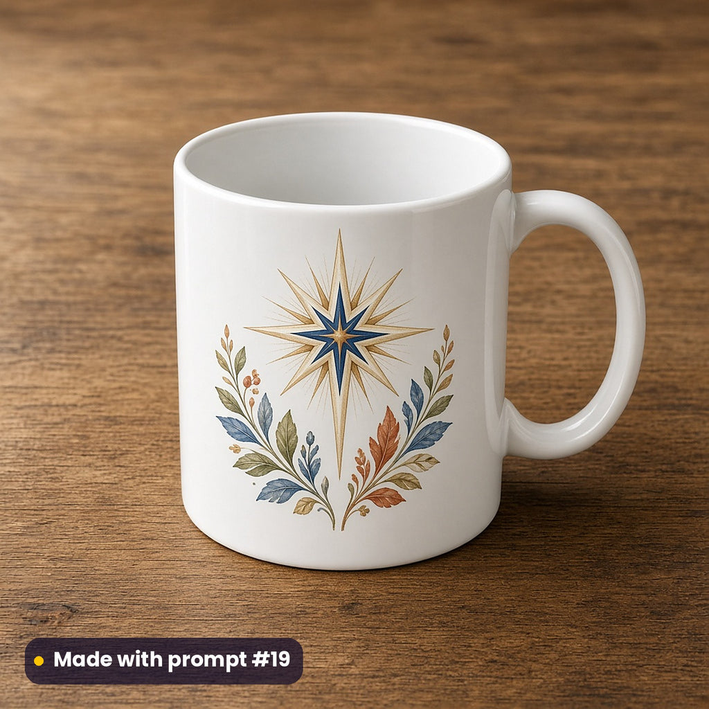 Nativity & Sacred Christmas artwork on a UV-printed ceramic mug: star of bethlehem, made with prompt #19 from this pack