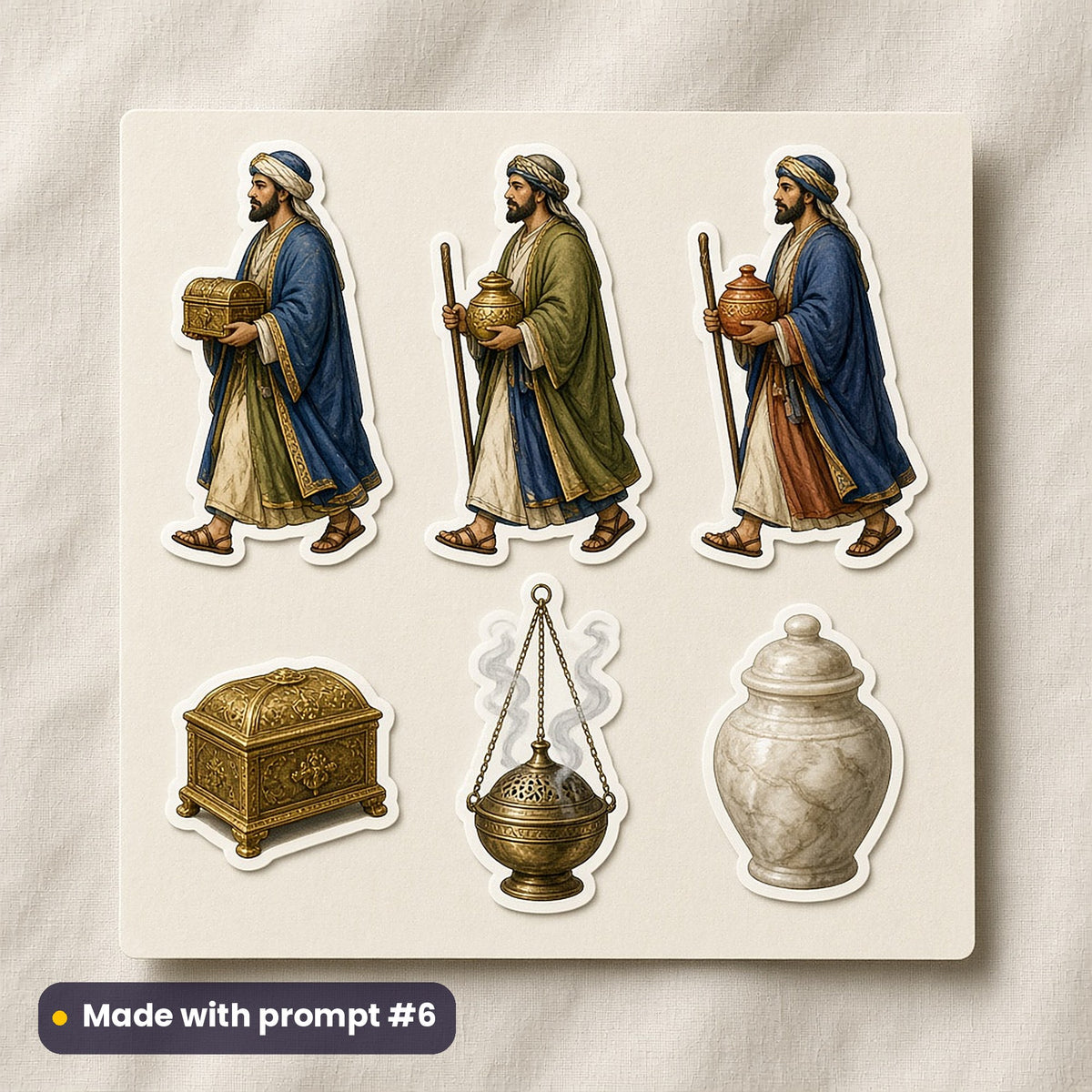 Nativity & Sacred Christmas artwork on a die-cut vinyl sticker sheet: a sheet of four assets from page p06: the magi, made with prompt #6 from this pack