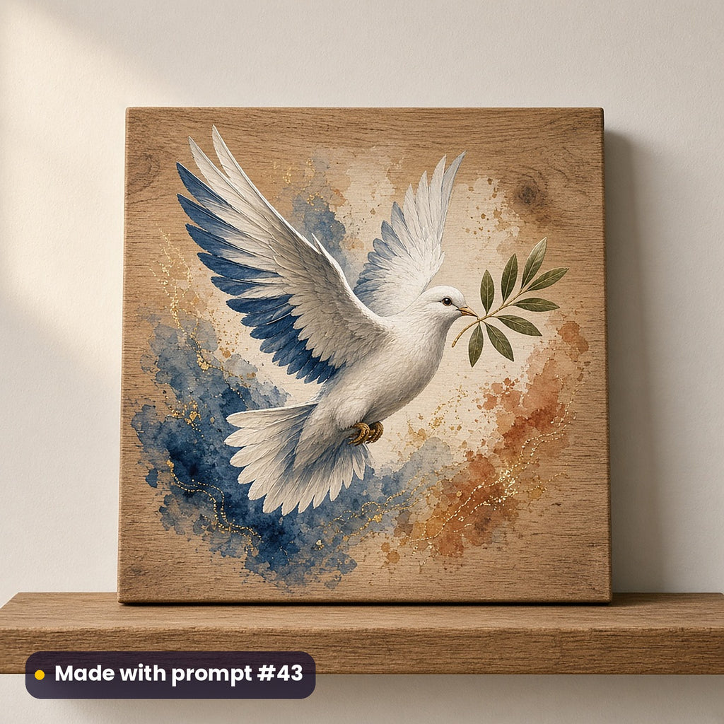Nativity & Sacred Christmas artwork on a UV-printed wooden plaque: dove of peace, made with prompt #43 from this pack