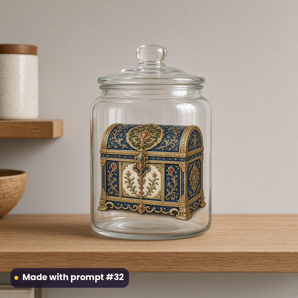 Nativity & Sacred Christmas artwork on a UV DTF decal on a glass jar: gift of gold, made with prompt #32 from this pack