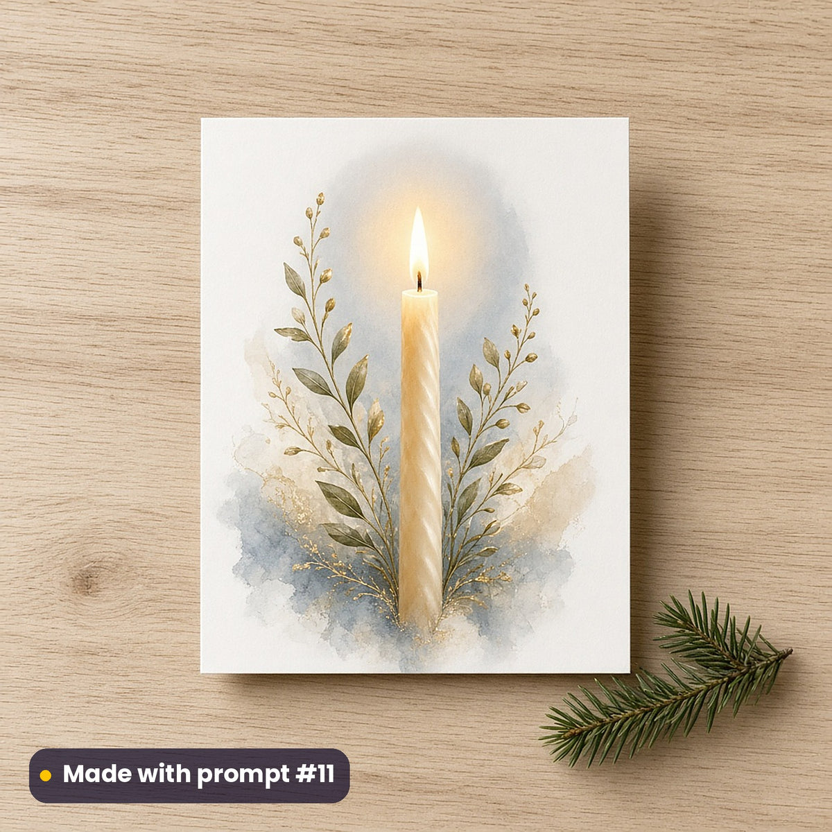 Peace & Light Interfaith artwork on a flat-printed greeting card: single candle of peace, made with prompt #11 from this pack