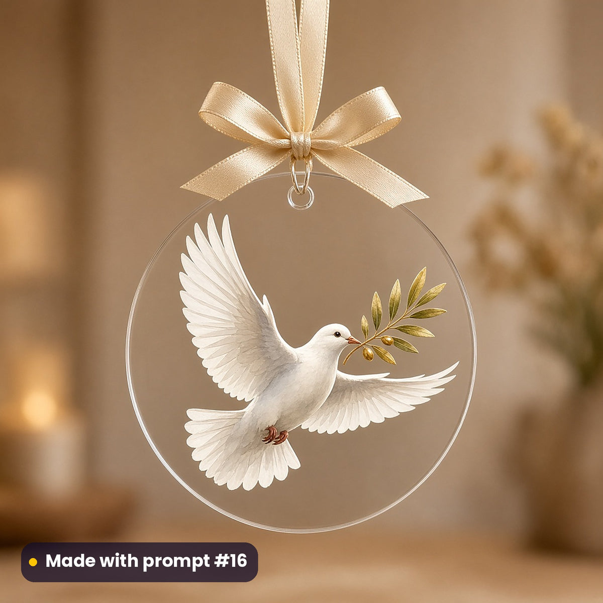 Peace & Light Interfaith artwork on a UV-printed clear acrylic ornament: dove with olive sprig, made with prompt #16 from this pack