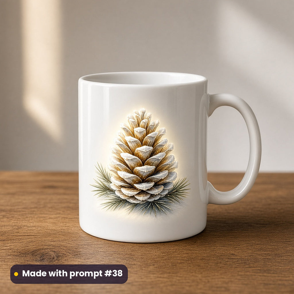 Peace & Light Interfaith artwork on a UV-printed ceramic mug: pine cone, made with prompt #38 from this pack