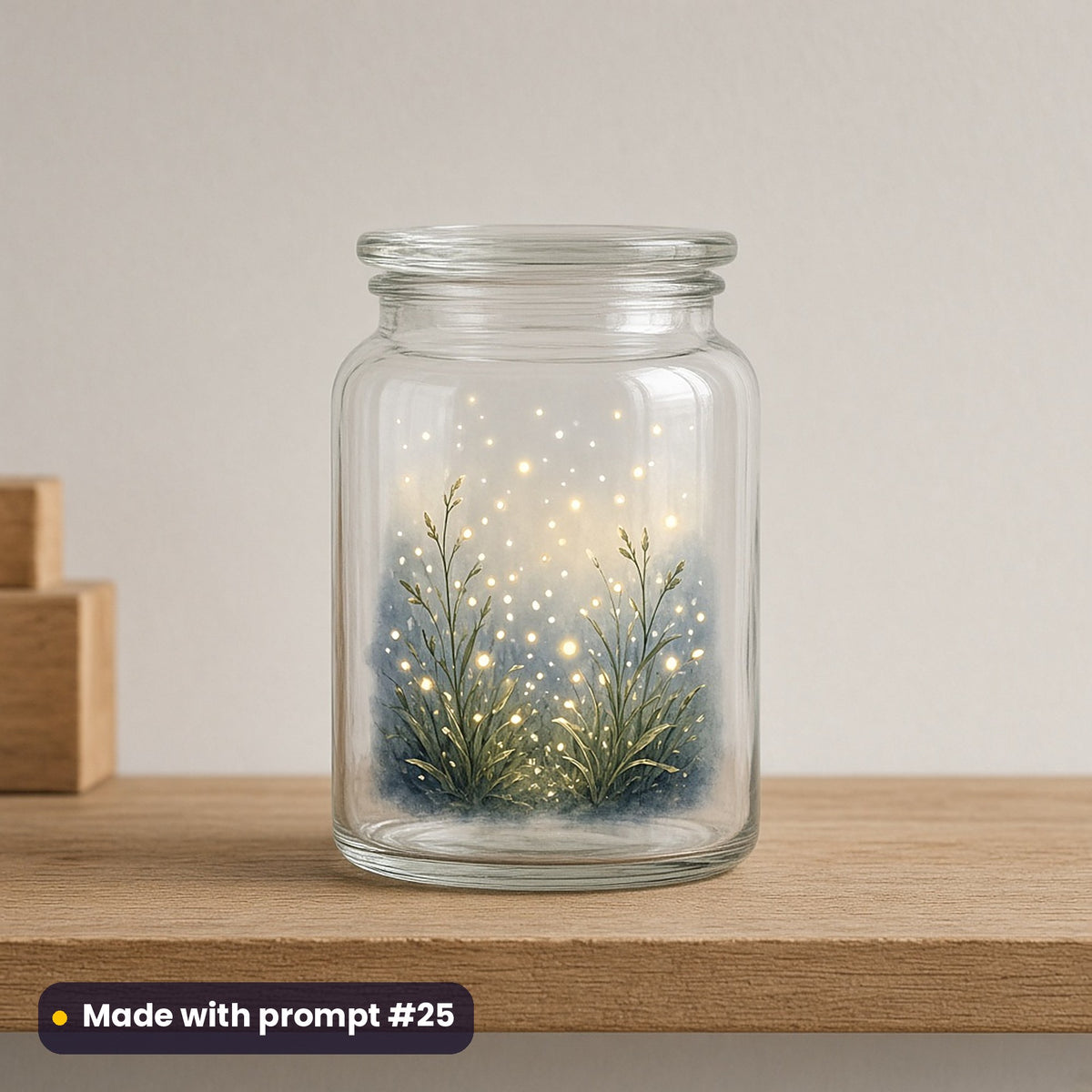 Peace & Light Interfaith artwork on a UV DTF decal on a glass jar: glow of fireflies, made with prompt #25 from this pack