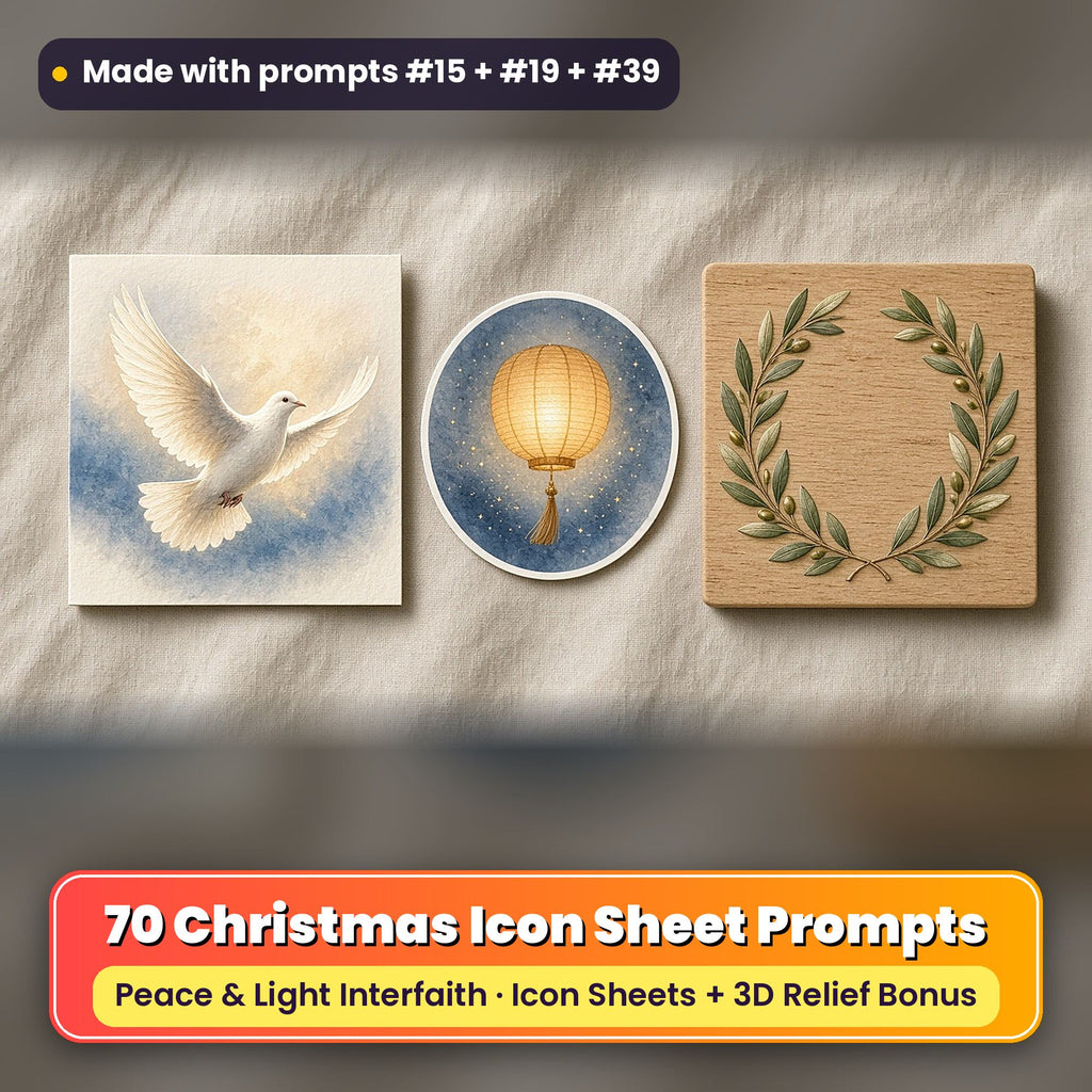 Peace & Light Interfaith Winter Icon Sheet Prompts: 70 prompts + 3D Relief bonus, with a printed greeting card, sticker and wooden plaque made with prompts #15, #19 and #39