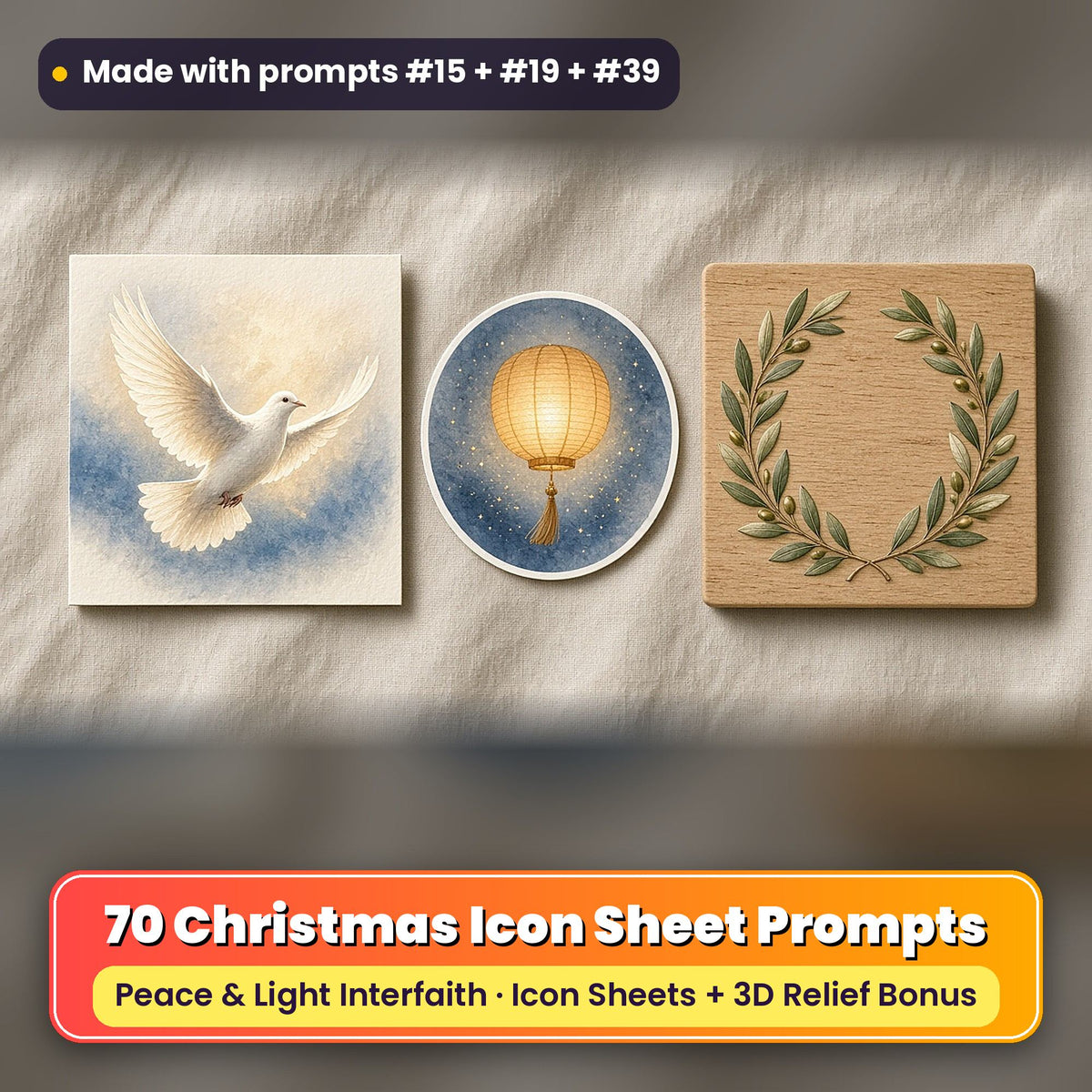 Peace & Light Interfaith Winter Icon Sheet Prompts: 70 prompts + 3D Relief bonus, with a printed greeting card, sticker and wooden plaque made with prompts #15, #19 and #39