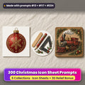 Christmas Icon Sheets Collection 1 Bundle: 300 prompts + 3D Relief bonus, with a printed greeting card, sticker and wooden plaque made with prompts #13, #117 and #224