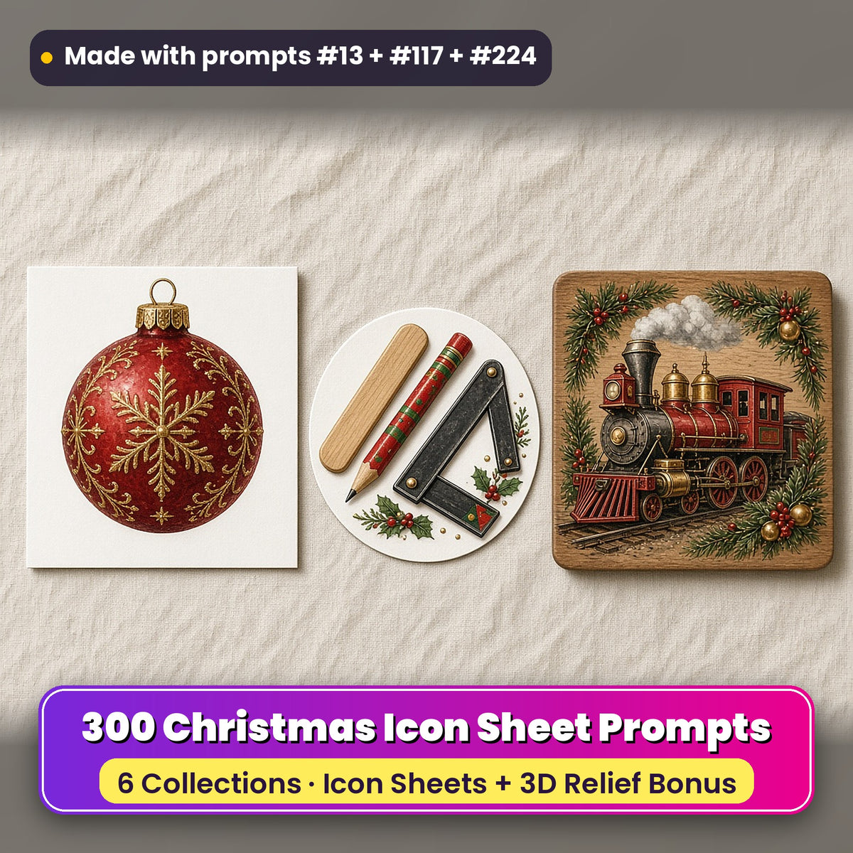 Christmas Icon Sheets Collection 1 Bundle: 300 prompts + 3D Relief bonus, with a printed greeting card, sticker and wooden plaque made with prompts #13, #117 and #224