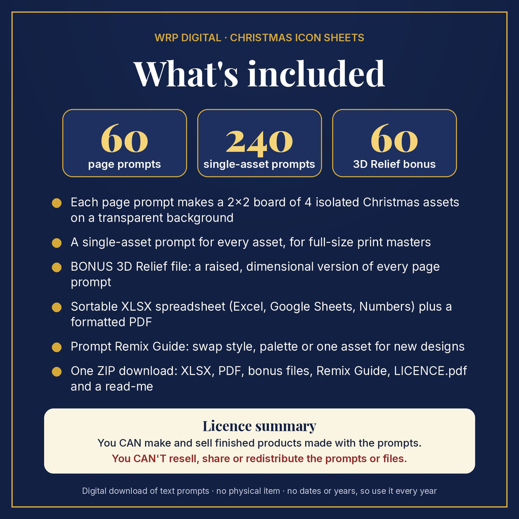 What's included: 60 page prompts, 240 single-asset prompts, 60 3D Relief bonus prompts, XLSX and PDF files, Remix Guide and licence summary