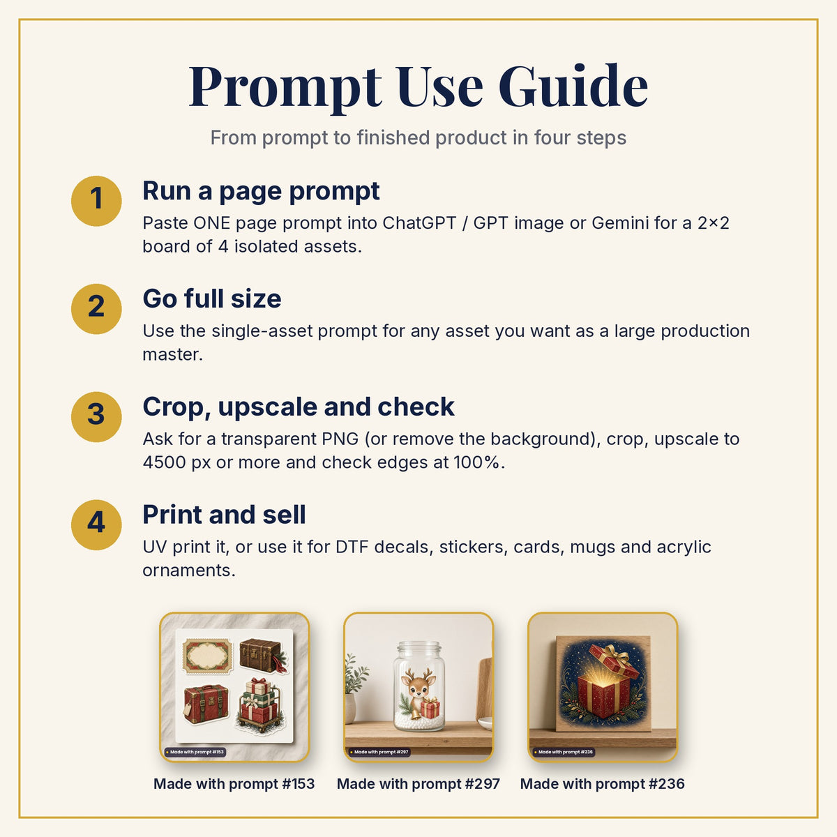 Prompt Use Guide: run a page prompt, go full size, crop and upscale, then print and sell, with products made with prompts #153, #297 and #236