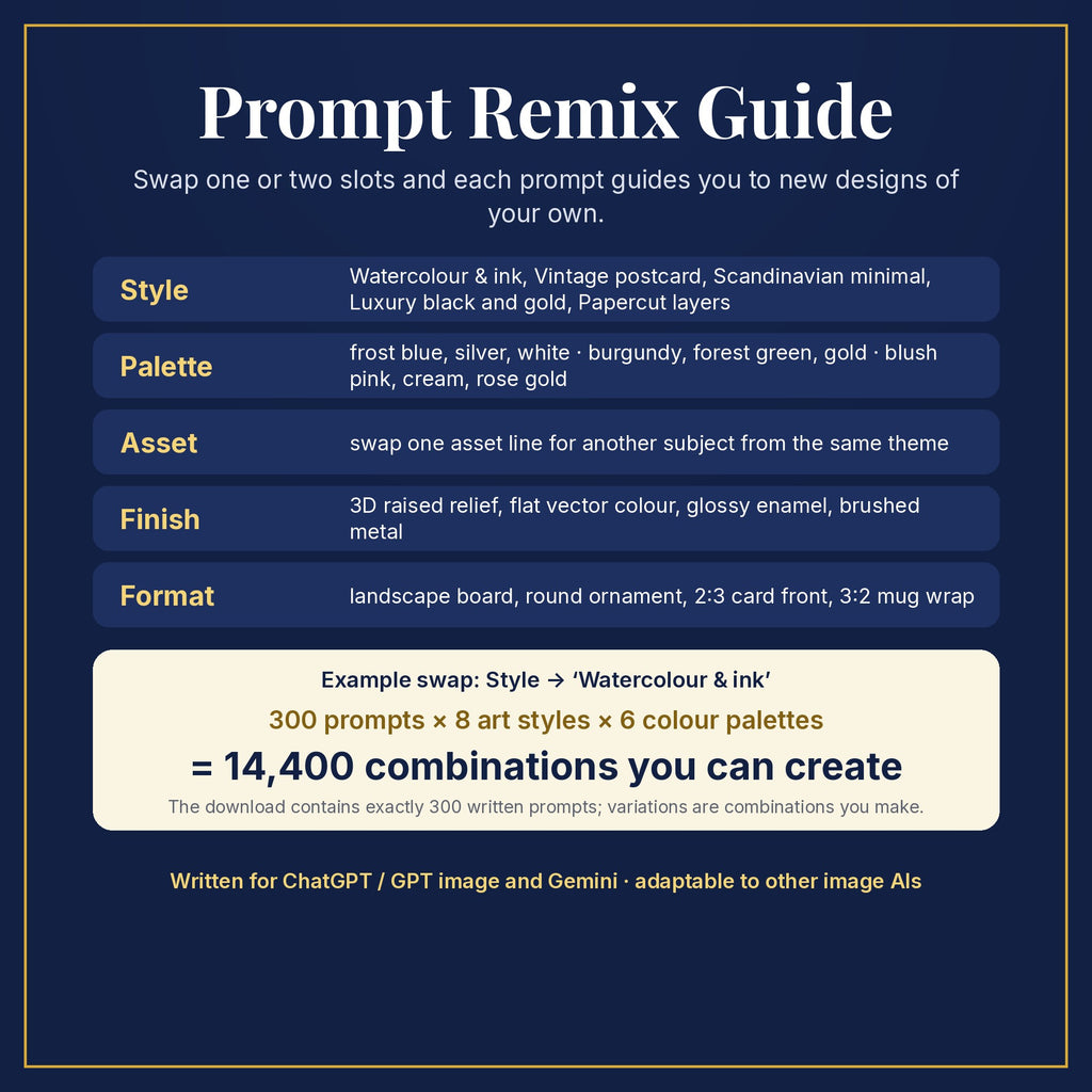 Prompt Remix Guide: swap style, palette, asset, finish and format; 300 prompts × 8 styles × 6 palettes = 14,400 combinations you can create