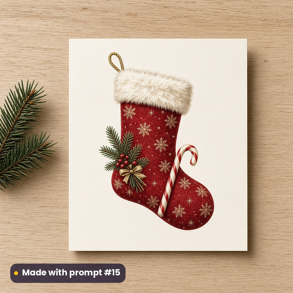 Classic Christmas Icons artwork on a flat-printed greeting card: classic christmas stocking, made with prompt #15 from this pack