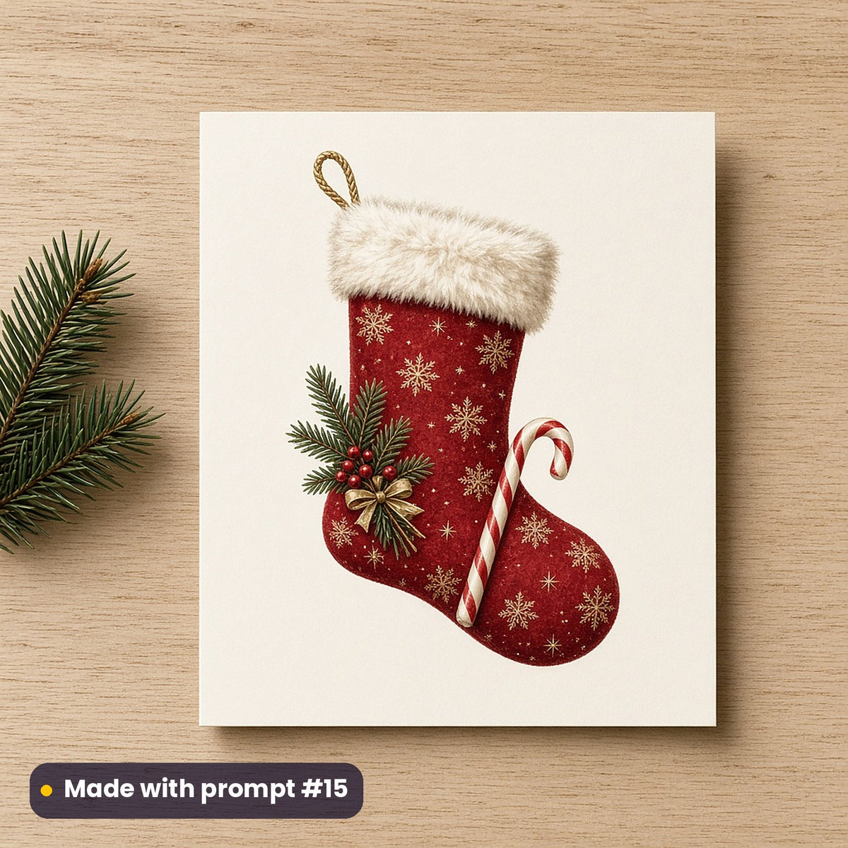 Classic Christmas Icons artwork on a flat-printed greeting card: classic christmas stocking, made with prompt #15 from this pack