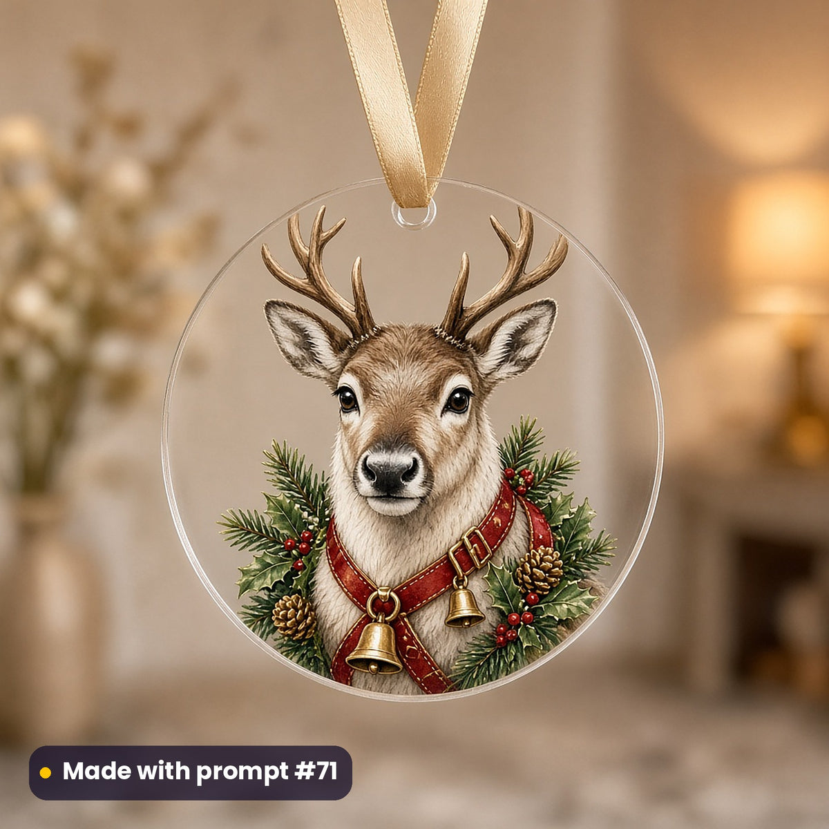 Santa's Christmas artwork on a UV-printed clear acrylic ornament: reindeer bell harness, made with prompt #71 from this pack