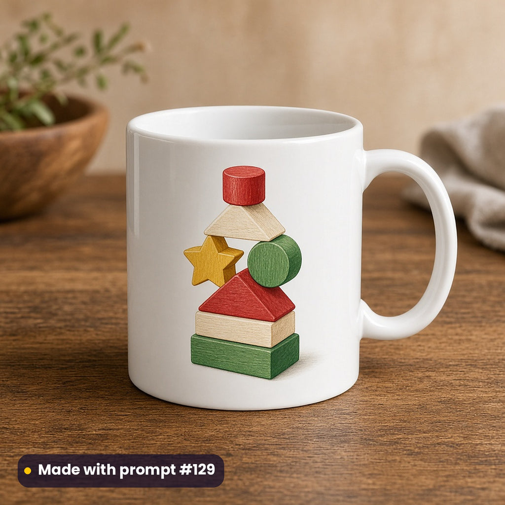 Santa's Workshop artwork on a UV-printed ceramic mug: building blocks, made with prompt #129 from this pack