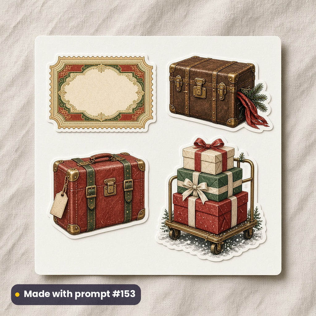 North Pole Express artwork on a die-cut vinyl sticker sheet: a sheet of four assets from page p03: tickets & luggage, made with prompt #153 from this pack