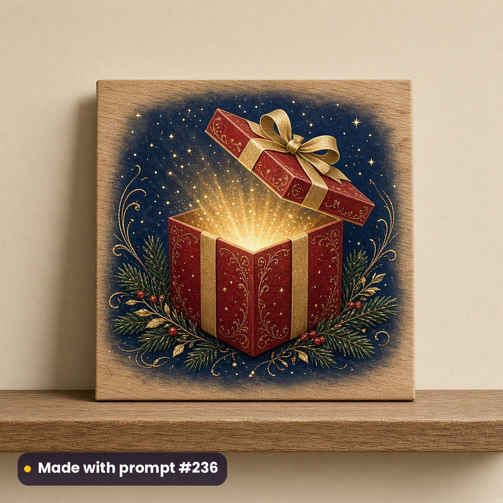 Christmas Eve Magic artwork on a UV-printed wooden plaque: magic gift box, made with prompt #236 from this pack