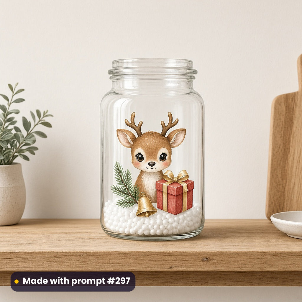 Reindeer Friends artwork on a UV DTF decal on a glass jar: reindeer & gift cluster, made with prompt #297 from this pack