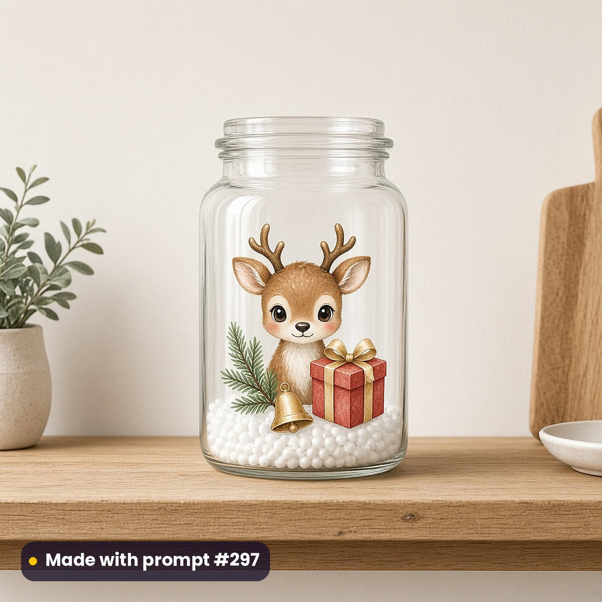Reindeer Friends artwork on a UV DTF decal on a glass jar: reindeer & gift cluster, made with prompt #297 from this pack