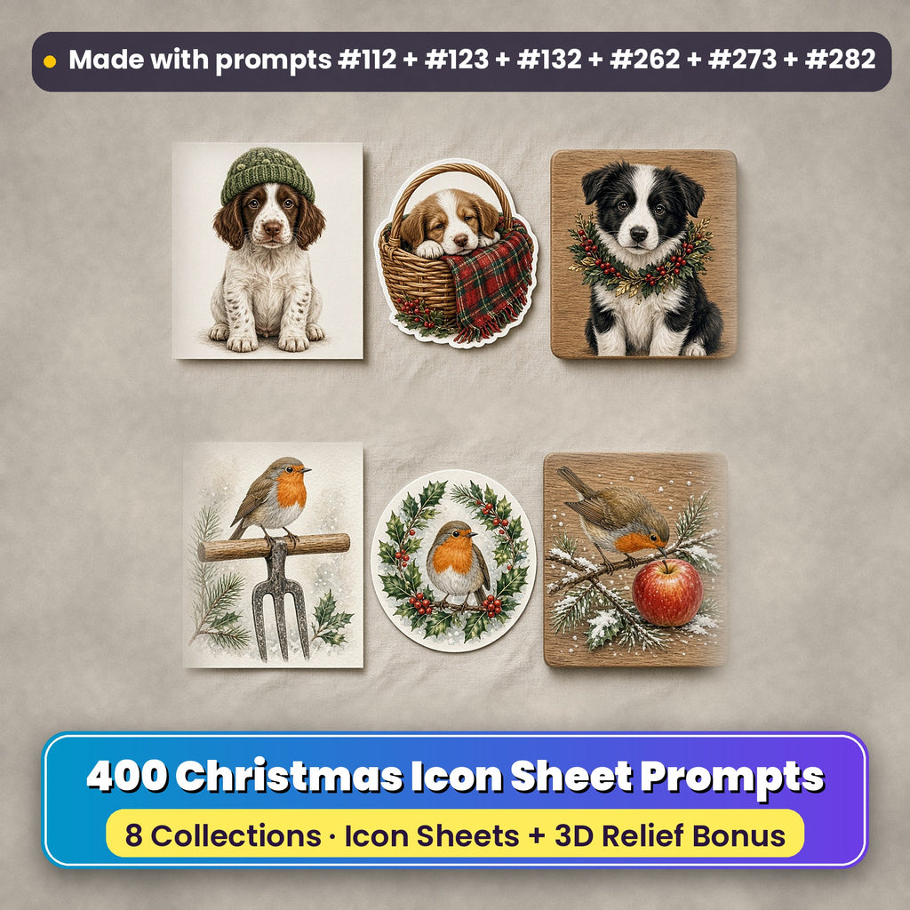Christmas Animals Icon Sheets Bundle: 400 Christmas icon sheet prompts from 8 collections, with a spaniel puppy card, puppy-in-basket sticker and collie plaque (Christmas Puppies) and a robin card, robin wreath coaster and robin plaque (Christmas Robins), made with prompts #112, #123, #132, #262, #273 and #282