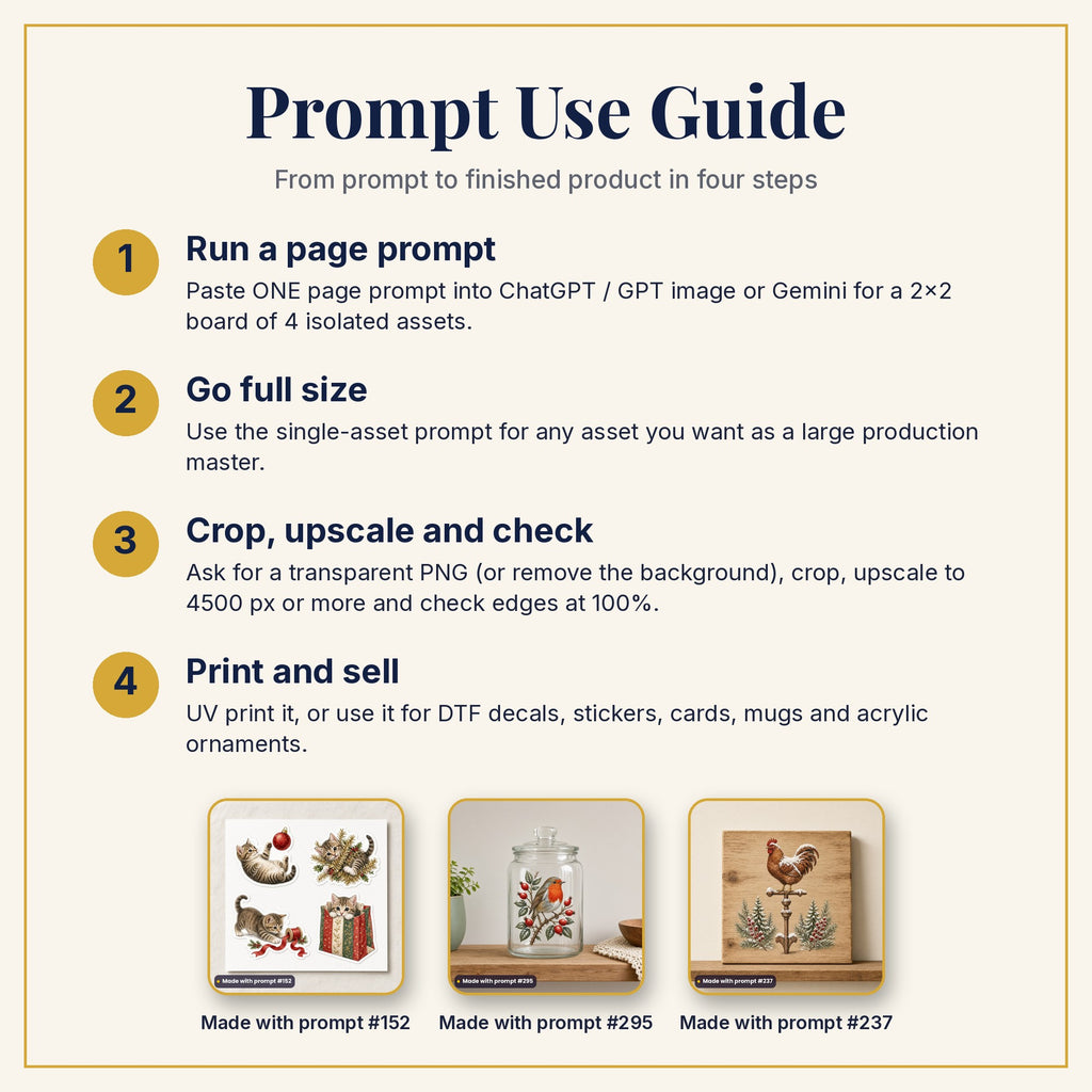 Prompt Use Guide: run a page prompt, go full size, crop and upscale, then print and sell, with products made with prompts #152, #295 and #237