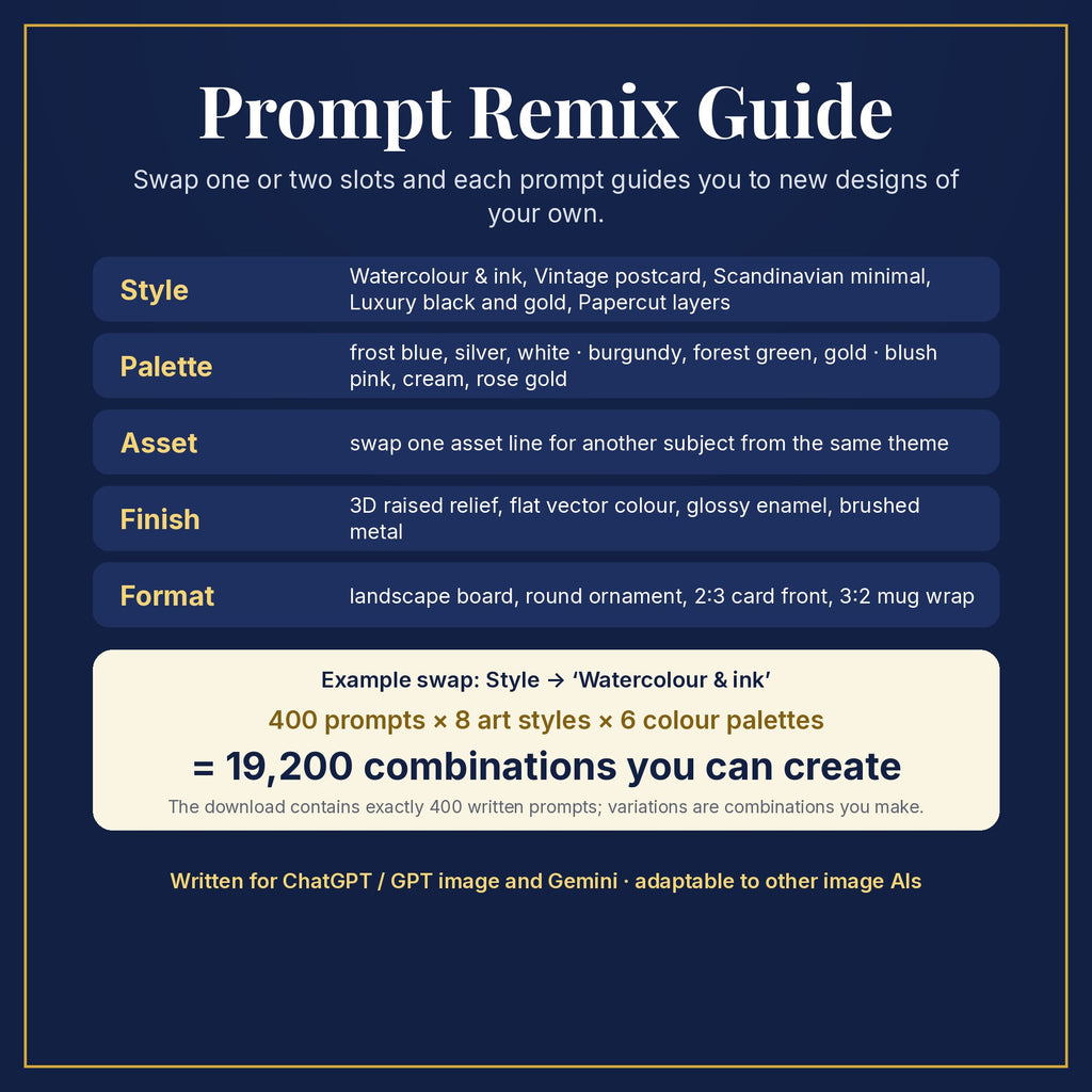Prompt Remix Guide: swap style, palette, asset, finish and format; 400 prompts × 8 styles × 6 palettes = 19,200 combinations you can create