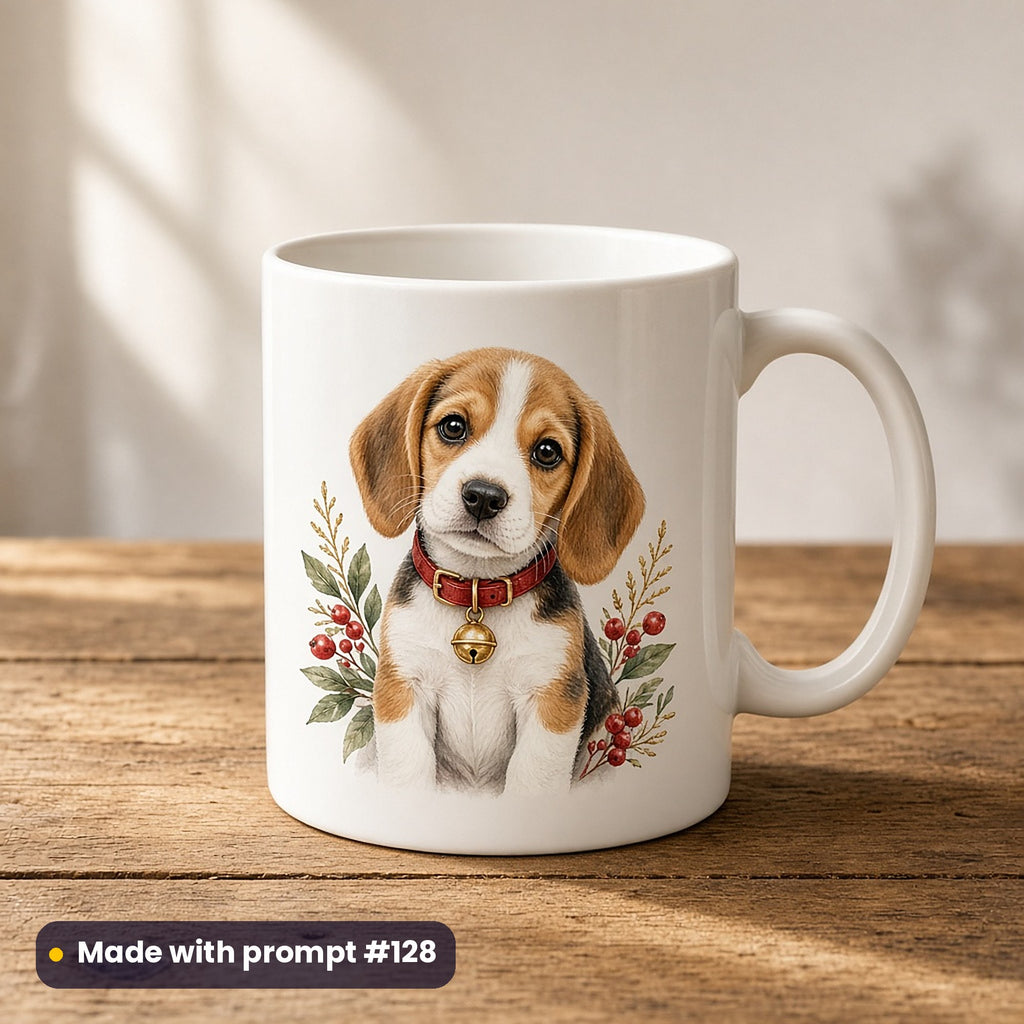 Christmas Puppies artwork on a UV-printed ceramic mug: beagle puppy with bell, made with prompt #128 from this pack