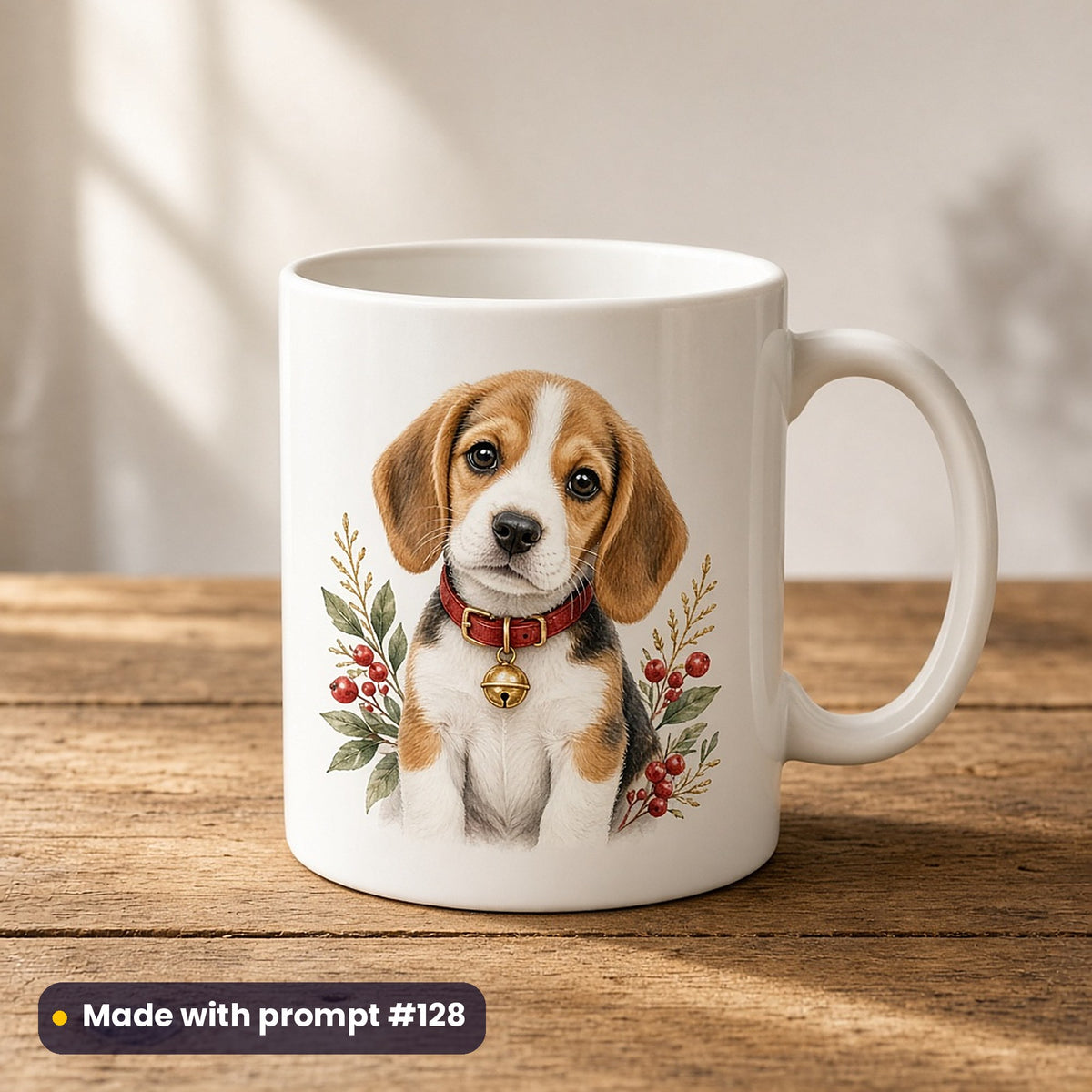 Christmas Puppies artwork on a UV-printed ceramic mug: beagle puppy with bell, made with prompt #128 from this pack