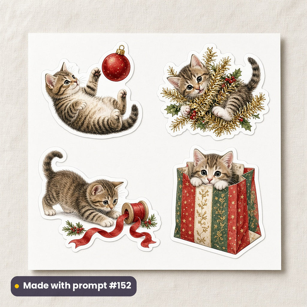 Christmas Kittens artwork on a die-cut vinyl sticker sheet: a sheet of four assets from page p02: mischief, made with prompt #152 from this pack