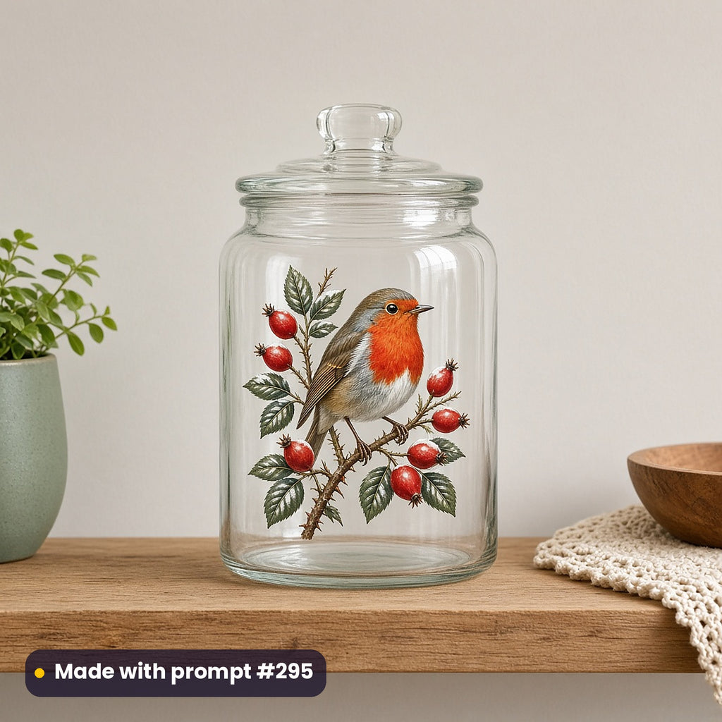 Christmas Robins artwork on a UV DTF decal on a glass jar: robin on rose hips, made with prompt #295 from this pack