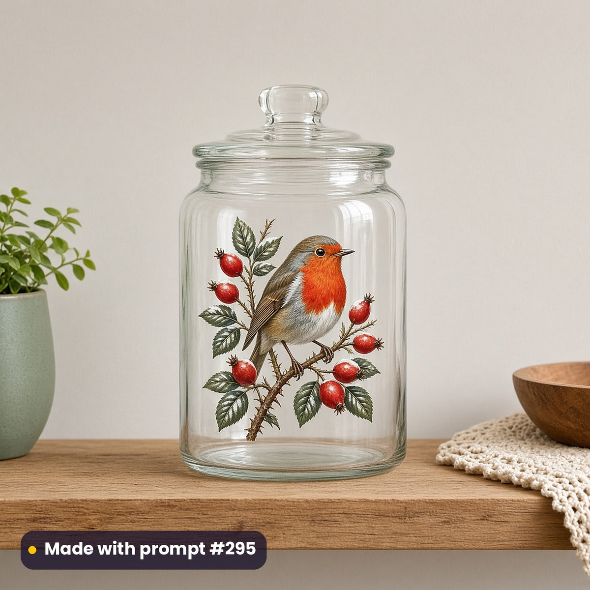 Christmas Robins artwork on a UV DTF decal on a glass jar: robin on rose hips, made with prompt #295 from this pack