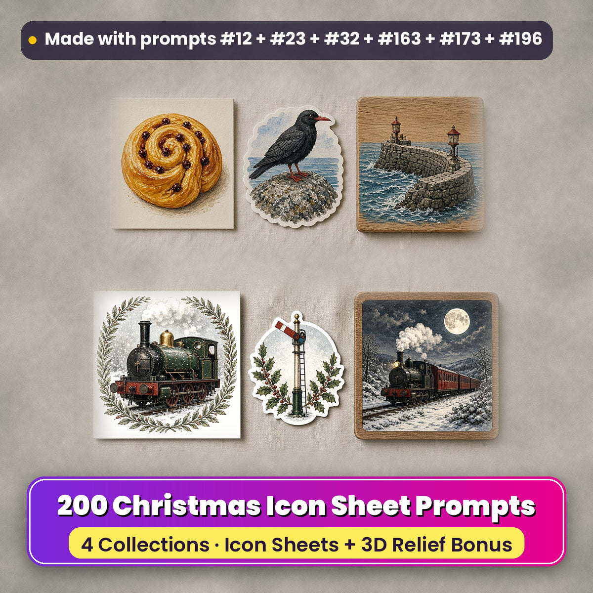Cornish & Coastal Christmas Icon Sheets Bundle: 200 Christmas icon sheet prompts from 4 collections, with a saffron bun card, chough sticker and harbour wall plaque (Cornish Christmas) and a steam engine card, semaphore signal sticker and moonlit train plaque (Christmas Steam Railway), made with prompts #12, #23, #32, #163, #173 and #196