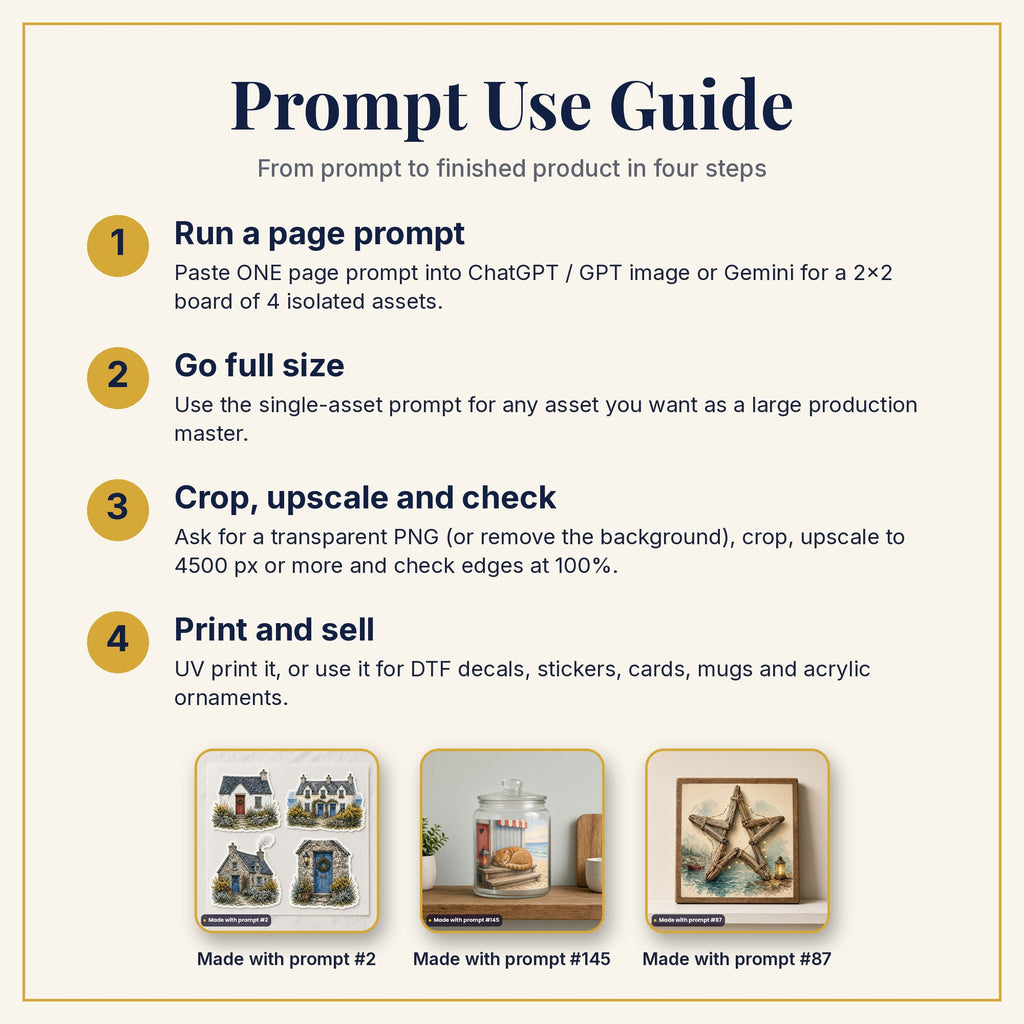 Prompt Use Guide: run a page prompt, go full size, crop and upscale, then print and sell, with products made with prompts #2, #145 and #87