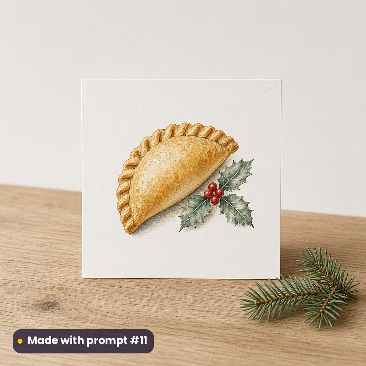 Cornish Christmas artwork on a flat-printed greeting card: festive pasty, made with prompt #11 from this pack