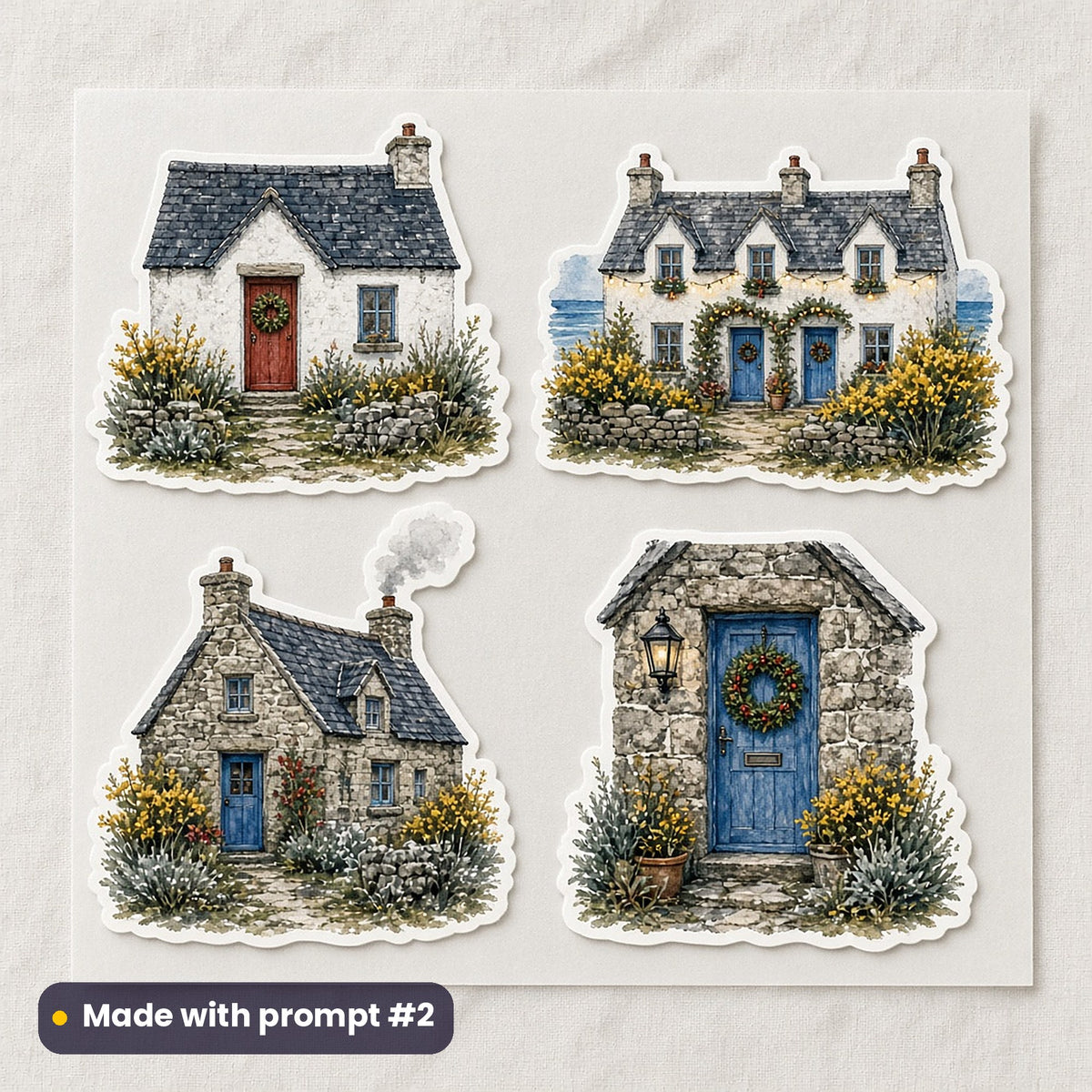Cornish Christmas artwork on a die-cut vinyl sticker sheet: a sheet of four assets from page p02: coastal cottages, made with prompt #2 from this pack