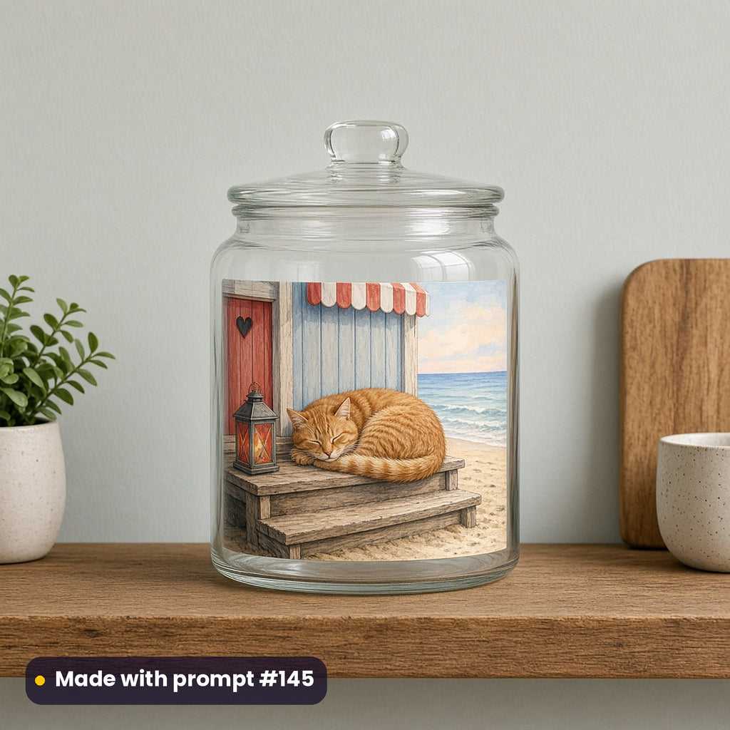 Christmas Beach Huts artwork on a UV DTF decal on a glass jar: cat on hut step, made with prompt #145 from this pack