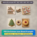 Sweet & Cosy Christmas Icon Sheets Bundle: 200 Christmas icon sheet prompts from 4 collections, with a gingerbread bakery card, gingerbread sleigh coaster and candy roof tiles plaque (Gingerbread Village) and a tree cookie card, jam window cookie coaster and butter cookie plaque (Christmas Cookies), made with prompts #12, #23, #32, #62, #73 and #82