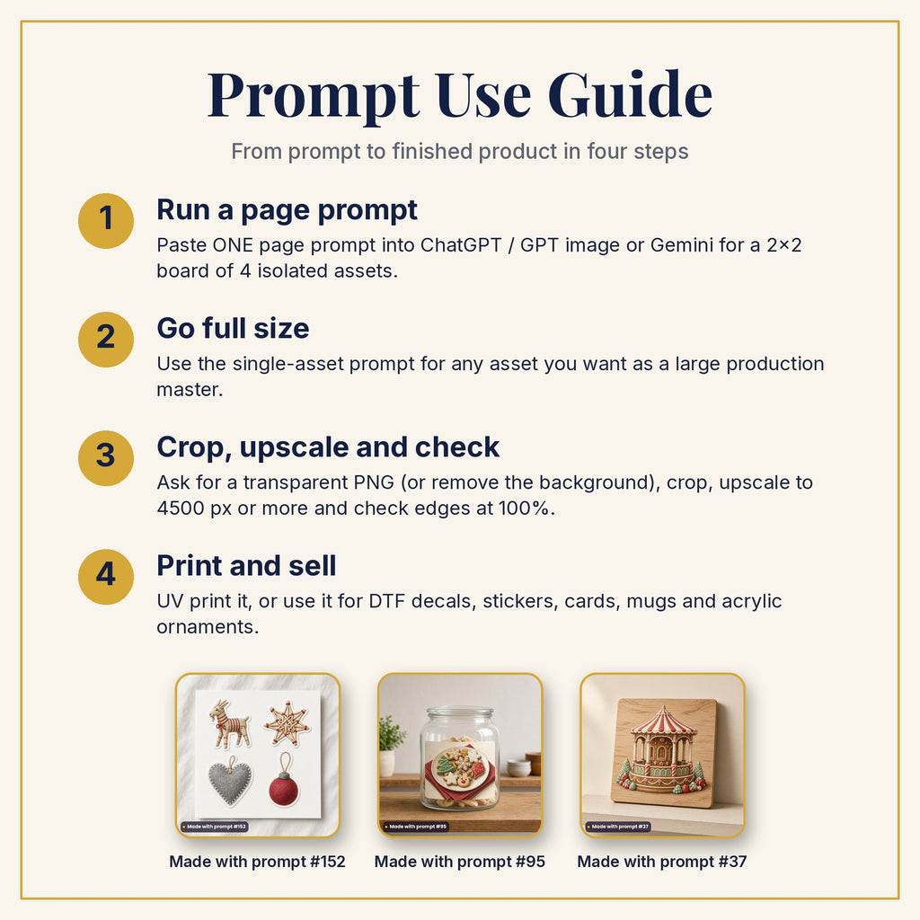 Prompt Use Guide: run a page prompt, go full size, crop and upscale, then print and sell, with products made with prompts #152, #95 and #37
